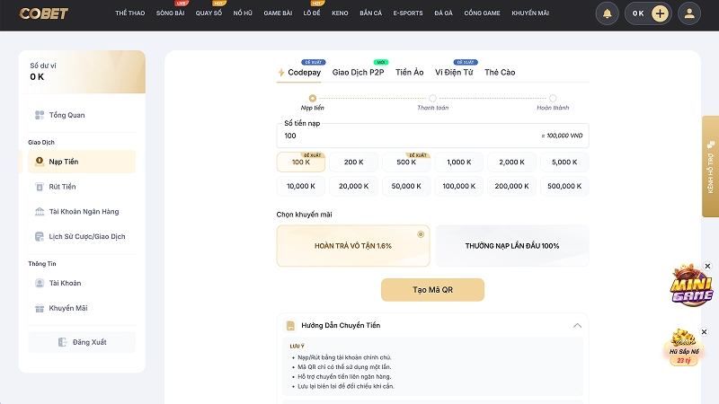 COBET hỗ trợ nhiều hình thức nạp và rút tiền linh hoạt